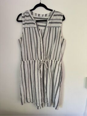 Ivory & Black Striped Drawstring Waist Dress Gap Size Large cotton linen Costal
